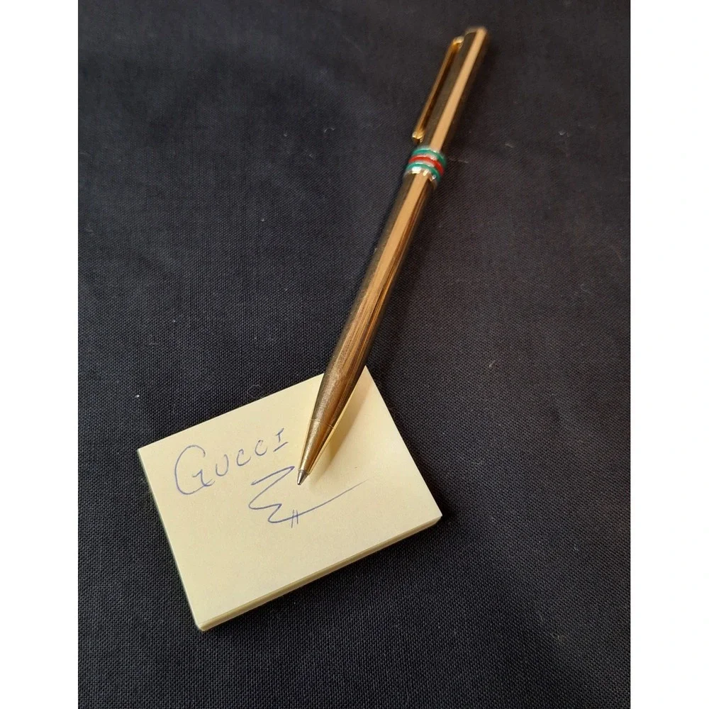 Vintage Gucci Gold Tone Ballpoint Pen Green Red Sherry Line Stripe GG Logo‎